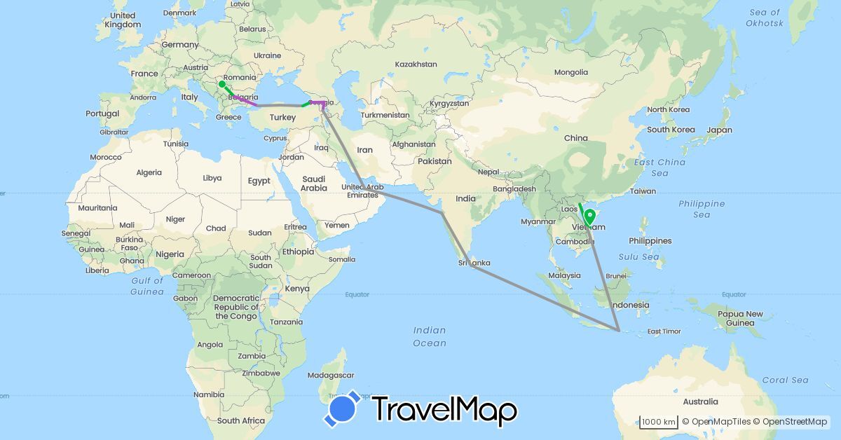 TravelMap itinerary: driving, bus, plane, train in United Arab Emirates, Armenia, Bulgaria, Georgia, Indonesia, India, Sri Lanka, Serbia, Turkey, Vietnam (Asia, Europe)